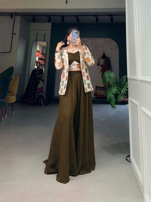 Mehendi Green Printed Georgette Palazzo Set with Jacquard Shrug ClothsVilla