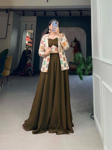 Mehendi Green Printed Georgette Palazzo Set with Jacquard Shrug ClothsVilla