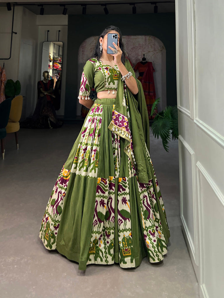 Mehendi Green Rayon Printed Silk Lehenga Choli with Gota Patti & Cowrie Detailing ClothsVilla