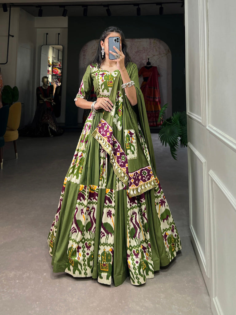 Mehendi Green Rayon Printed Silk Lehenga Choli with Gota Patti & Cowrie Detailing ClothsVilla