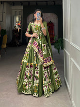 Load image into Gallery viewer, Mehendi Green Rayon Printed Silk Lehenga Choli with Gota Patti &amp; Cowrie Detailing ClothsVilla