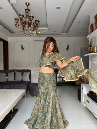 Mehendi Green Ready to Wear Modern Fish Cut Lehenga with Ruffle Dupatta ClothsVilla