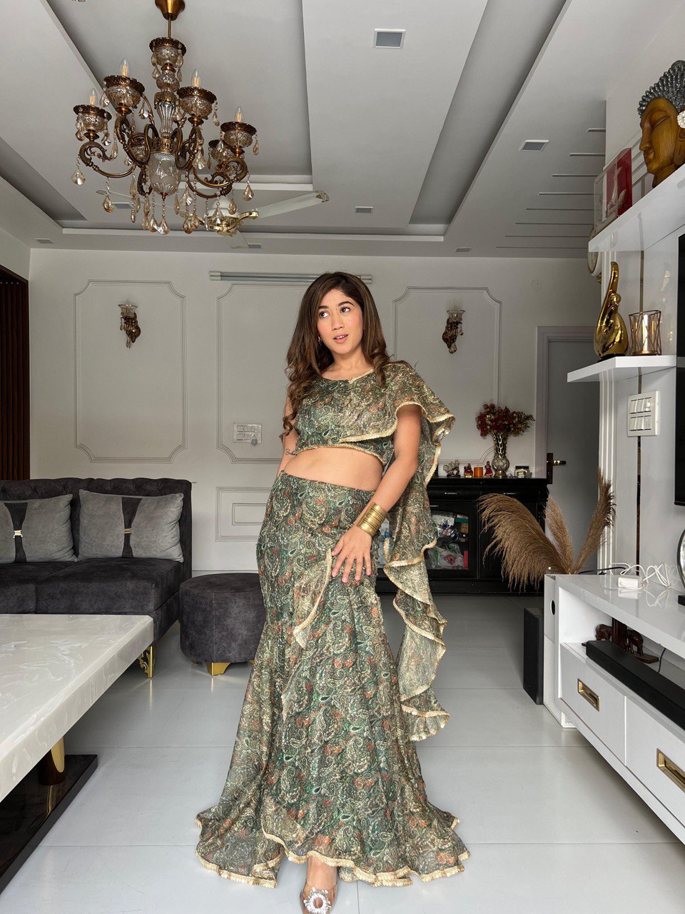 Mehendi Green Ready to Wear Modern Fish Cut Lehenga with Ruffle Dupatta ClothsVilla