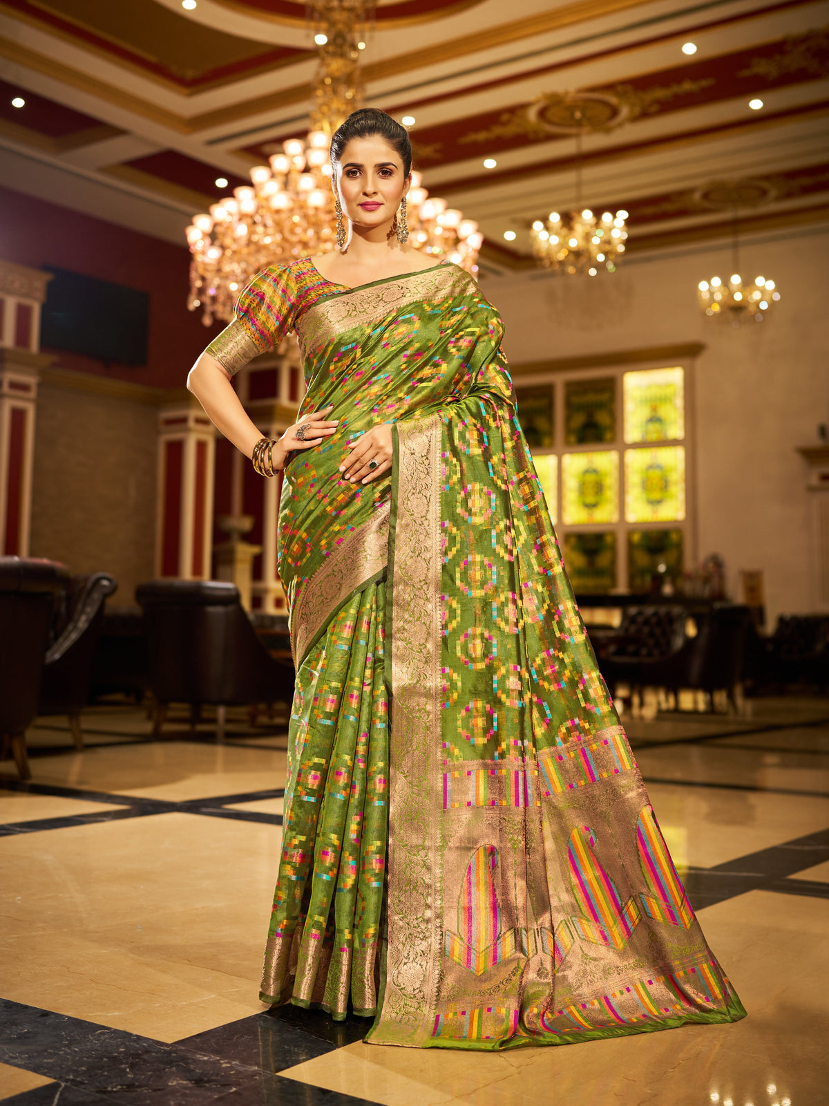 Mehendi Green Regal Kanjeevaram Organza Saree with Zari Woven Border Clothsvilla Main image