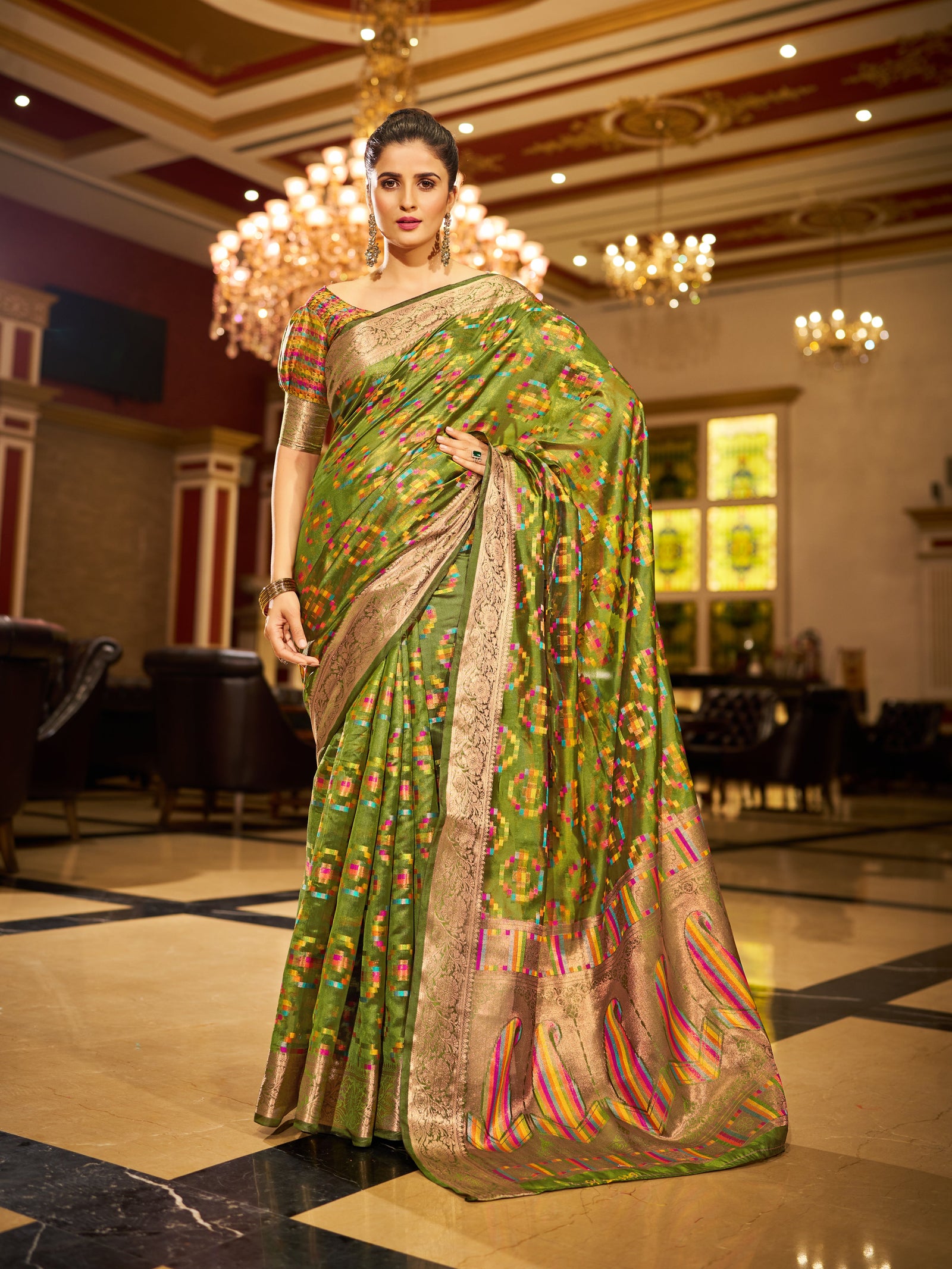 Mehendi Green Regal Kanjeevaram Organza Saree with Zari Woven Border Clothsvilla