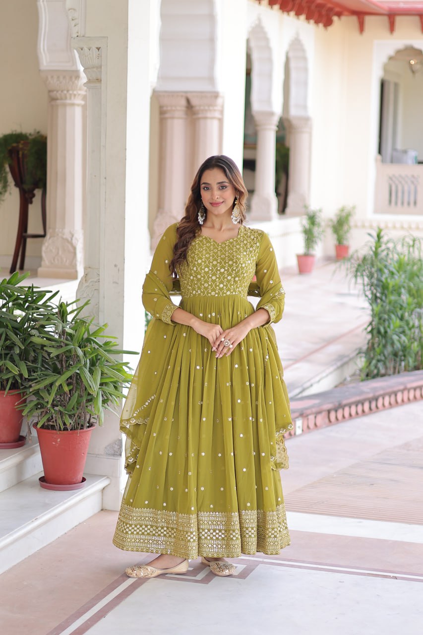Mehendi Green Rich Sequins & Zari Embroidered Faux Georgette Gown with Cut-Work Dupatta – Full Sleeves, Fancy V-Neck, Fully Stitched ClothsVilla