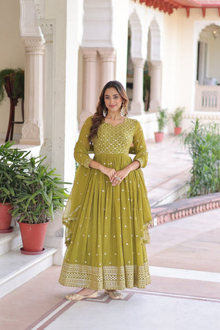 Mehendi Green Rich Sequins & Zari Embroidered Faux Georgette Gown with Cut-Work Dupatta – Full Sleeves, Fancy V-Neck, Fully Stitched ClothsVilla