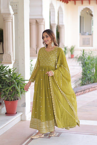 Mehendi Green Rich Sequins & Zari Embroidered Faux Georgette Gown with Cut-Work Dupatta – Full Sleeves, Fancy V-Neck, Fully Stitched ClothsVilla