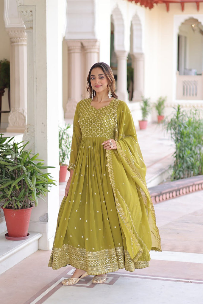 Mehendi Green Rich Sequins & Zari Embroidered Faux Georgette Gown with Cut-Work Dupatta – Full Sleeves, Fancy V-Neck, Fully Stitched ClothsVilla