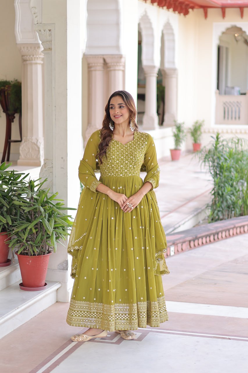 Mehendi Green Rich Sequins & Zari Embroidered Faux Georgette Gown with Cut-Work Dupatta – Full Sleeves, Fancy V-Neck, Fully Stitched ClothsVilla