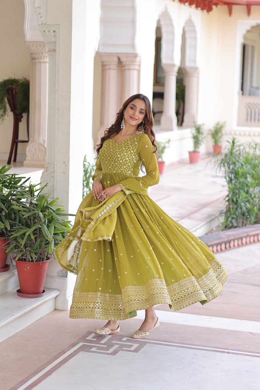Mehendi Green Rich Sequins & Zari Embroidered Faux Georgette Gown with Cut-Work Dupatta – Full Sleeves, Fancy V-Neck, Fully Stitched ClothsVilla