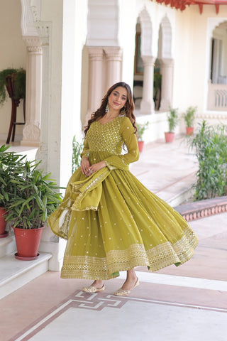 Mehendi Green Rich Sequins & Zari Embroidered Faux Georgette Gown with Cut-Work Dupatta – Full Sleeves, Fancy V-Neck, Fully Stitched ClothsVilla