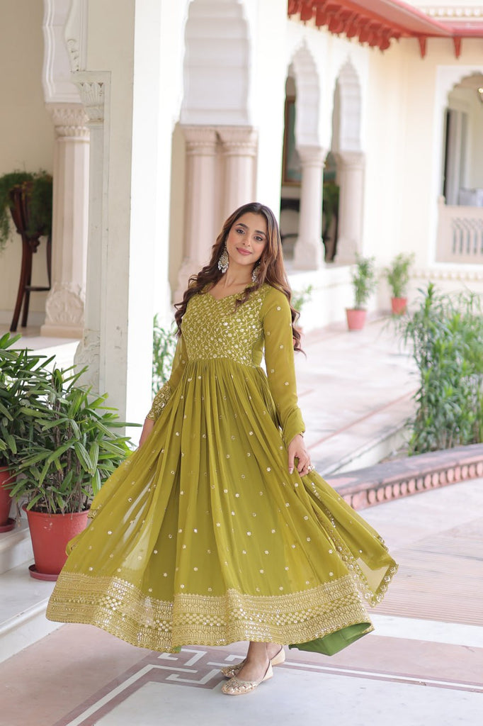 Mehendi Green Rich Sequins & Zari Embroidered Faux Georgette Gown with Cut-Work Dupatta – Full Sleeves, Fancy V-Neck, Fully Stitched ClothsVilla