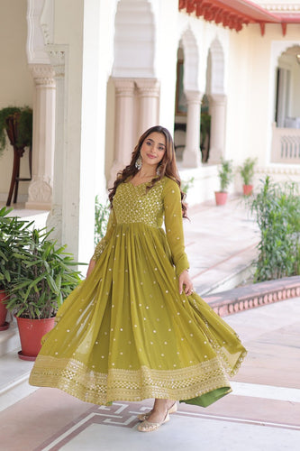 Mehendi Green Rich Sequins & Zari Embroidered Faux Georgette Gown with Cut-Work Dupatta – Full Sleeves, Fancy V-Neck, Fully Stitched ClothsVilla