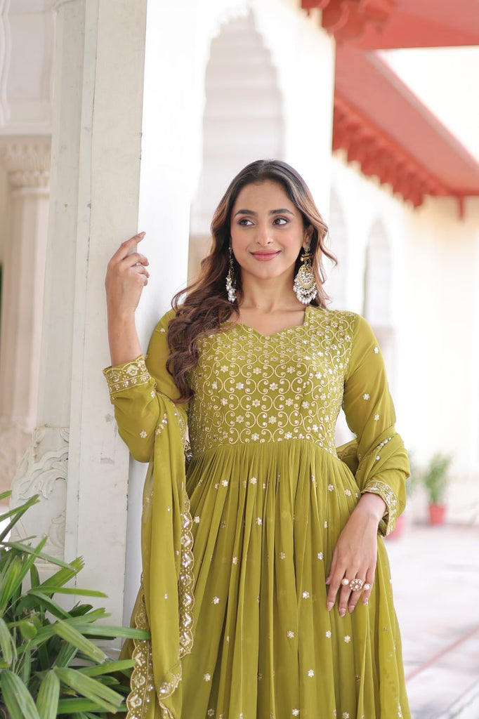 Mehendi Green Rich Sequins & Zari Embroidered Faux Georgette Gown with Cut-Work Dupatta – Full Sleeves, Fancy V-Neck, Fully Stitched ClothsVilla