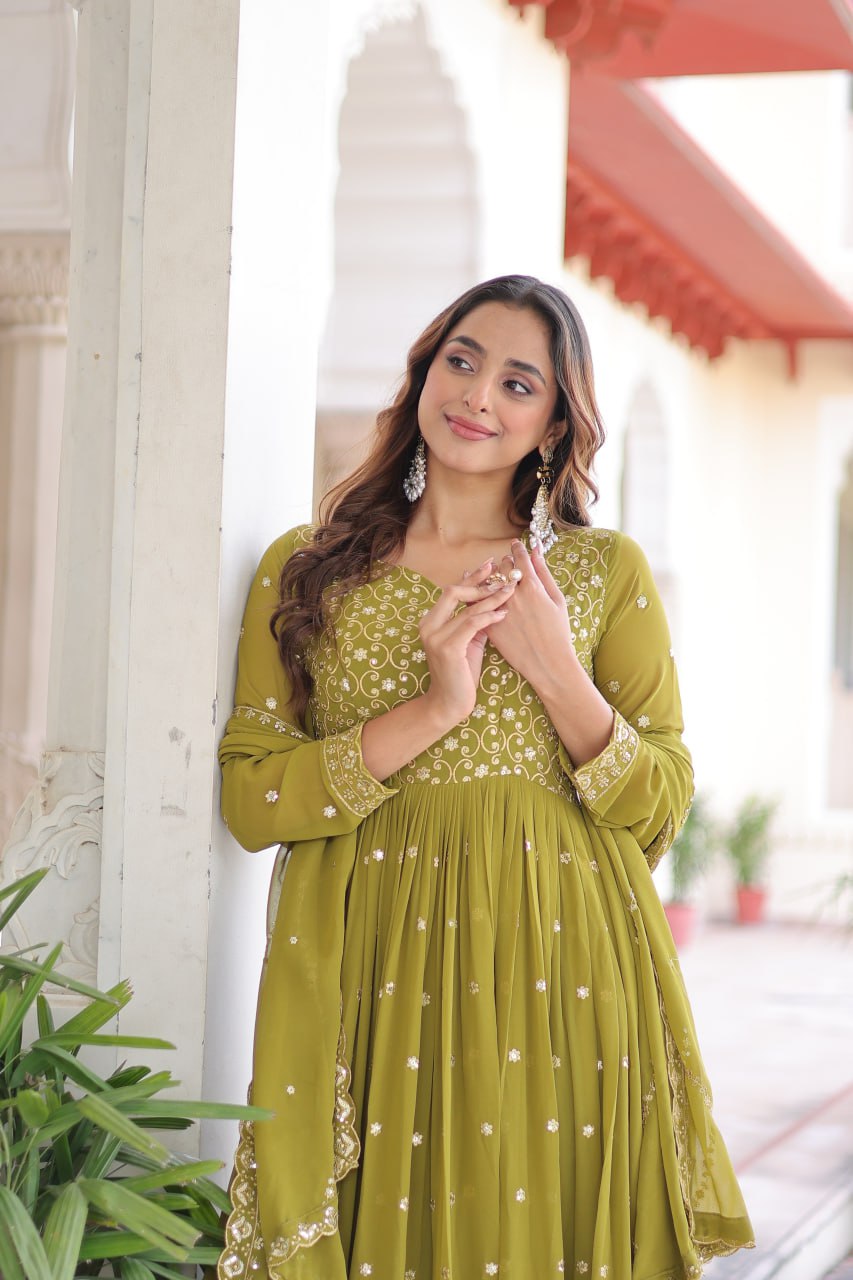 Mehendi Green Rich Sequins & Zari Embroidered Faux Georgette Gown with Cut-Work Dupatta – Full Sleeves, Fancy V-Neck, Fully Stitched ClothsVilla