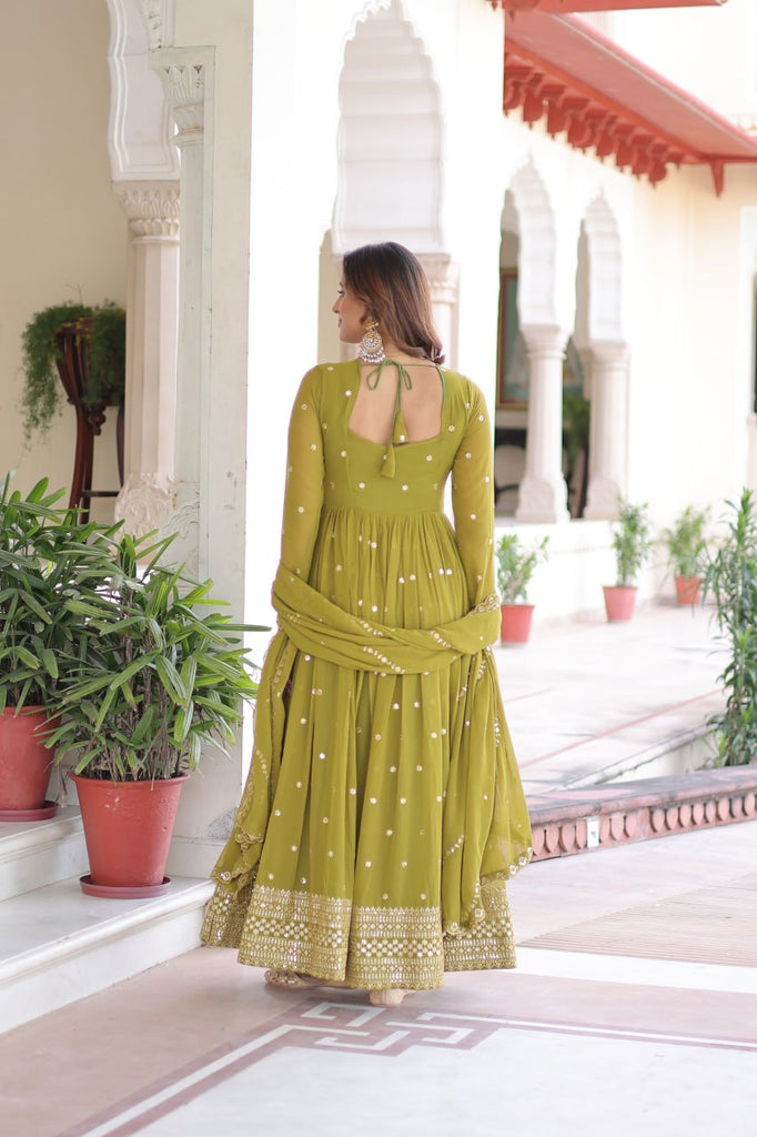 Mehendi Green Rich Sequins & Zari Embroidered Faux Georgette Gown with Cut-Work Dupatta – Full Sleeves, Fancy V-Neck, Fully Stitched ClothsVilla