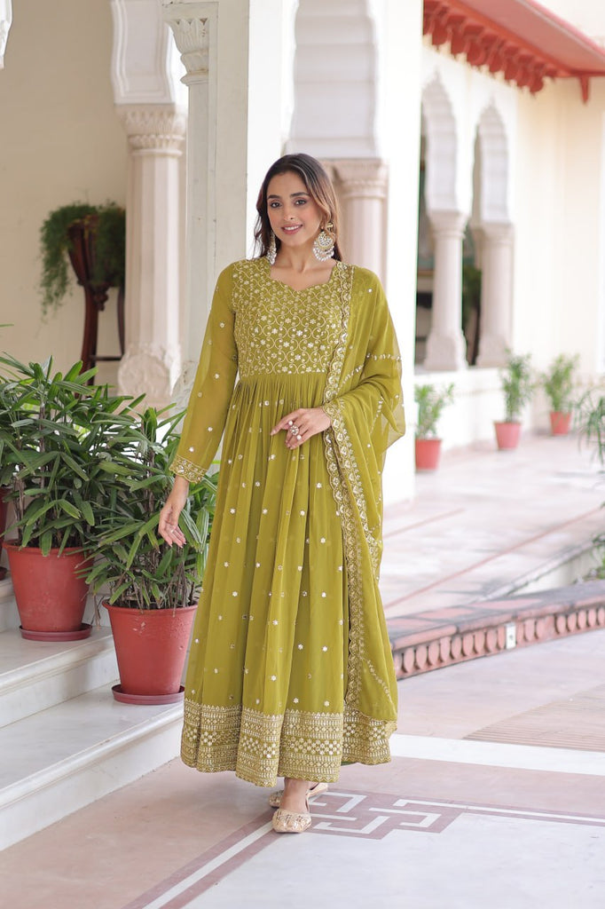 Mehendi Green Rich Sequins & Zari Embroidered Faux Georgette Gown with Cut-Work Dupatta – Full Sleeves, Fancy V-Neck, Fully Stitched ClothsVilla