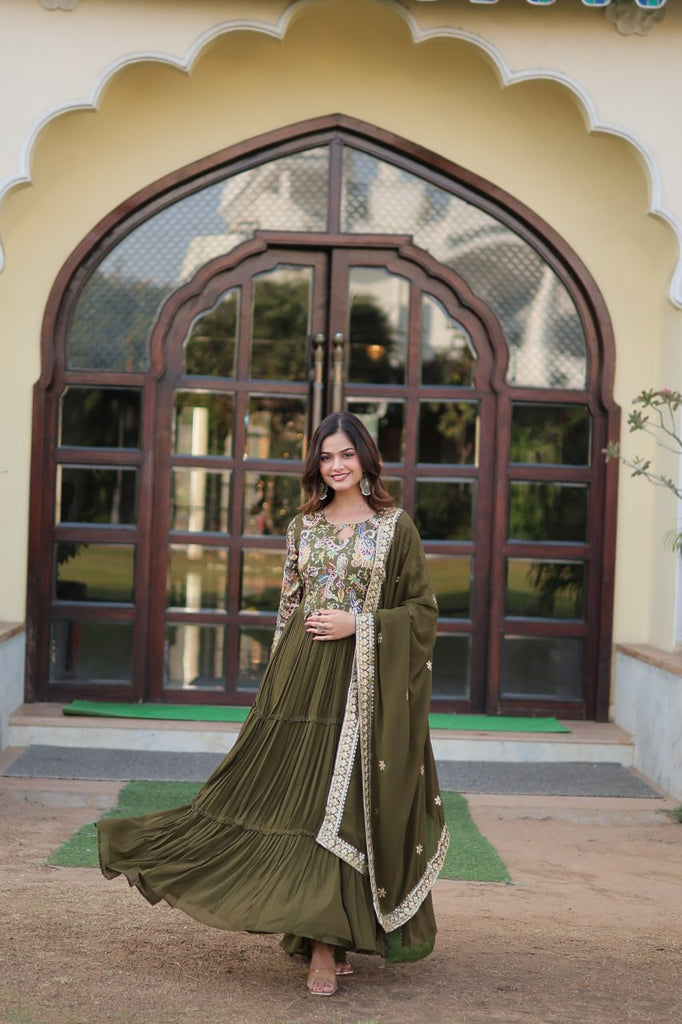 Mehendi Green Stunning Faux Georgette Gown Dupatta Collection in Vibrant Colors ClothsVilla