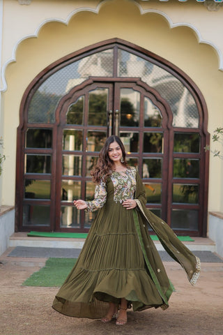 Mehendi Green Stunning Faux Georgette Gown Dupatta Collection in Vibrant Colors ClothsVilla