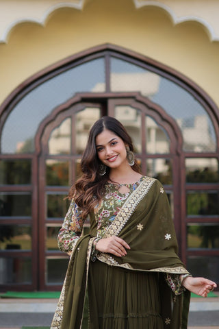 Mehendi Green Stunning Faux Georgette Gown Dupatta Collection in Vibrant Colors ClothsVilla