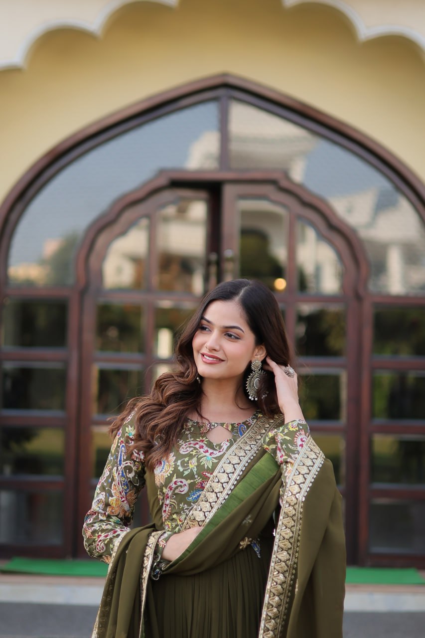 Mehendi Green Stunning Faux Georgette Gown Dupatta Collection in Vibrant Colors ClothsVilla
