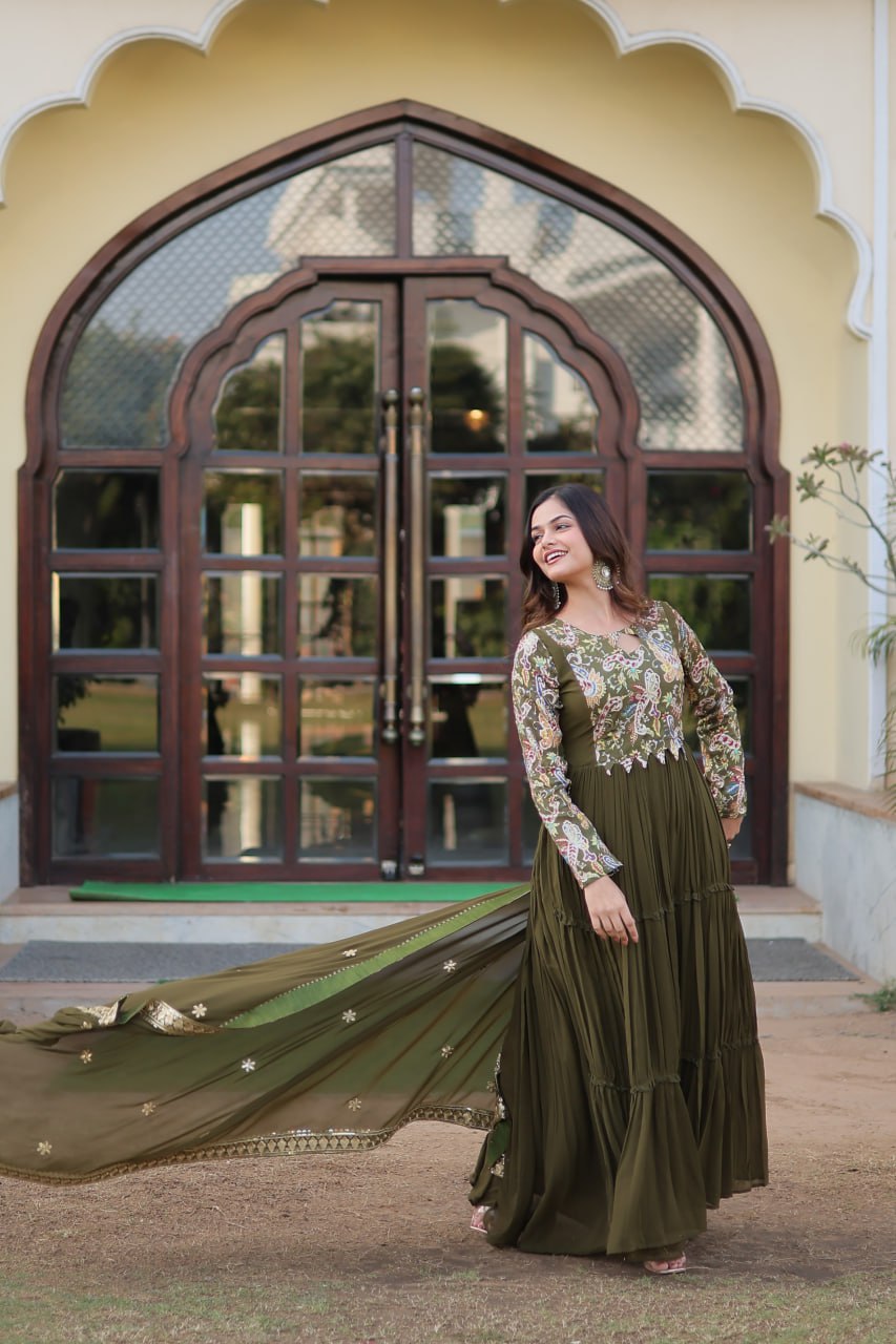 Mehendi Green Stunning Faux Georgette Gown Dupatta Collection in Vibrant Colors ClothsVilla