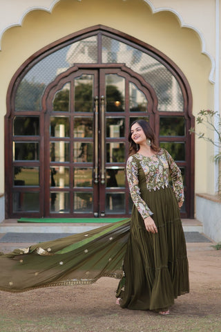 Mehendi Green Stunning Faux Georgette Gown Dupatta Collection in Vibrant Colors ClothsVilla