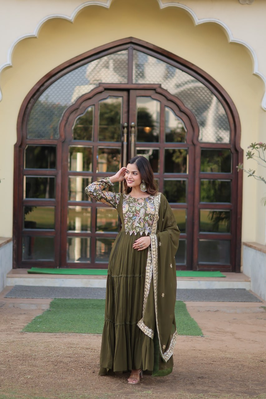 Mehendi Green Stunning Faux Georgette Gown Dupatta Collection in Vibrant Colors ClothsVilla