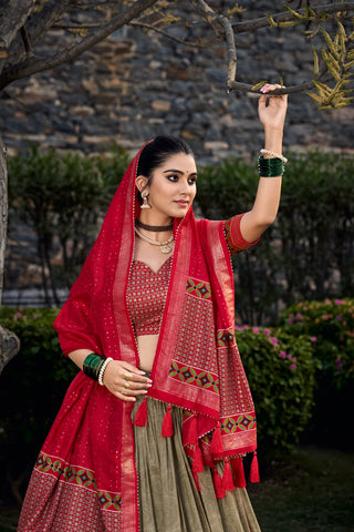 Mehendi Green Tussar Silk Lehenga Choli with Exquisite Foil Print Florals ClothsVilla