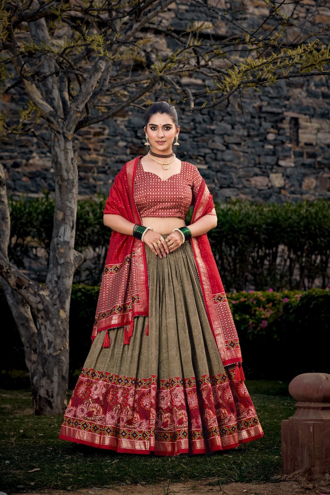 Mehendi Green Tussar Silk Lehenga Choli with Exquisite Foil Print Florals ClothsVilla