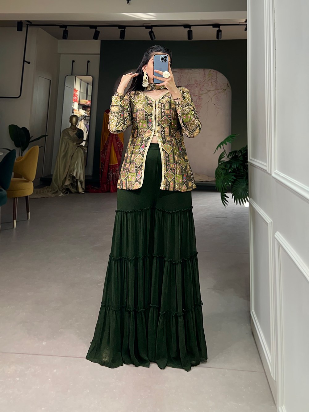 Mehendi Green Viscose Jacquard Kurta Palazzo Set with Weaving Work and Printed Detailing ClothsVilla