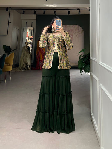 Mehendi Green Viscose Jacquard Kurta Palazzo Set with Weaving Work and Printed Detailing ClothsVilla