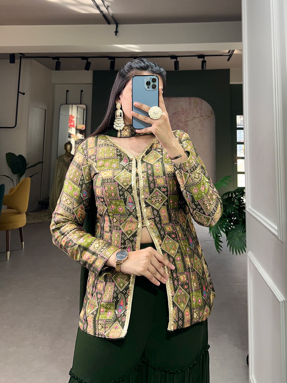 Mehendi Green Viscose Jacquard Kurta Palazzo Set with Weaving Work and Printed Detailing ClothsVilla