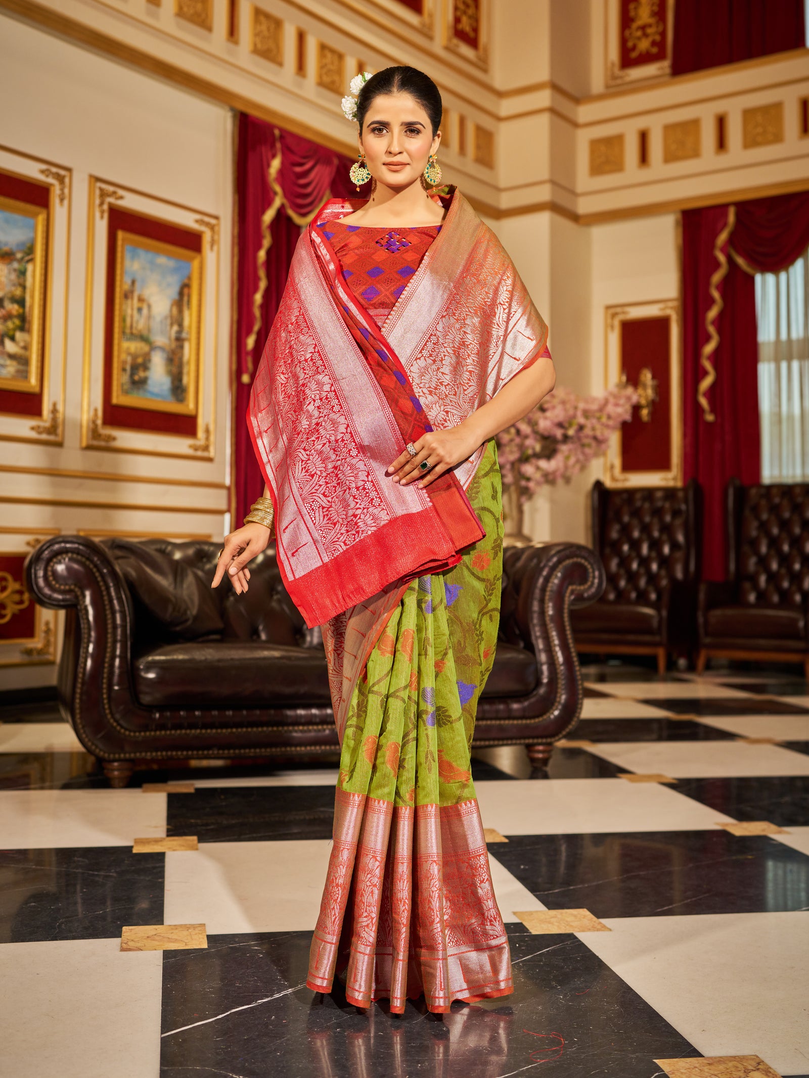 Mesmerizing Mehendi Green Woven Design Soft Cotton Saree ClothsVilla