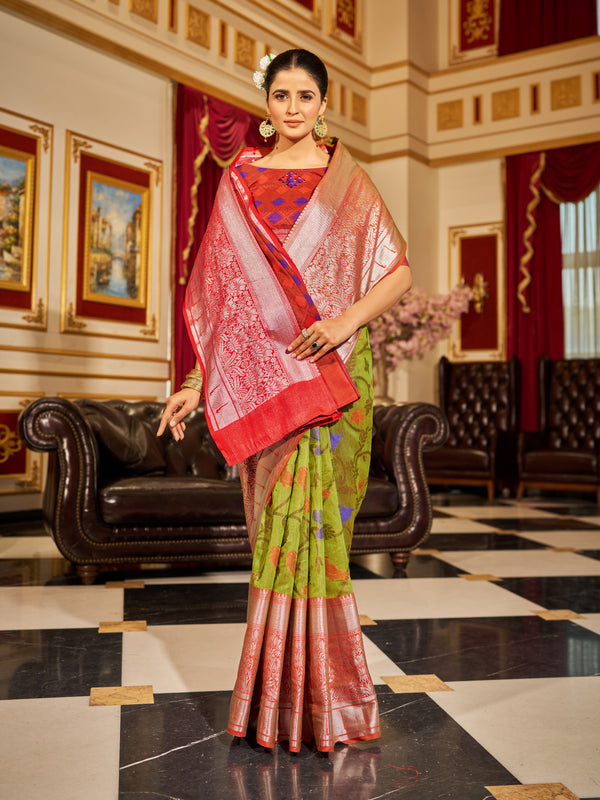 Mesmerizing Mehendi Green Woven Design Soft Cotton Saree ClothsVilla