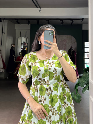 Mehendi ichitra Silk Floral Print Frock with 5-Meter Flair ClothsVilla