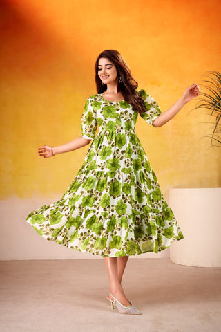 Mehendi ichitra Silk Floral Print Frock with 5-Meter Flair ClothsVilla