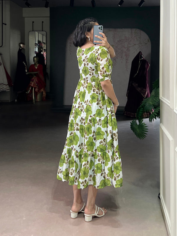 Mehendi ichitra Silk Floral Print Frock with 5-Meter Flair ClothsVilla
