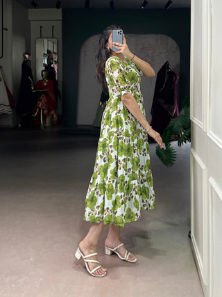 Mehendi ichitra Silk Floral Print Frock with 5-Meter Flair ClothsVilla