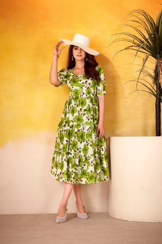 Mehendi ichitra Silk Floral Print Frock with 5-Meter Flair ClothsVilla