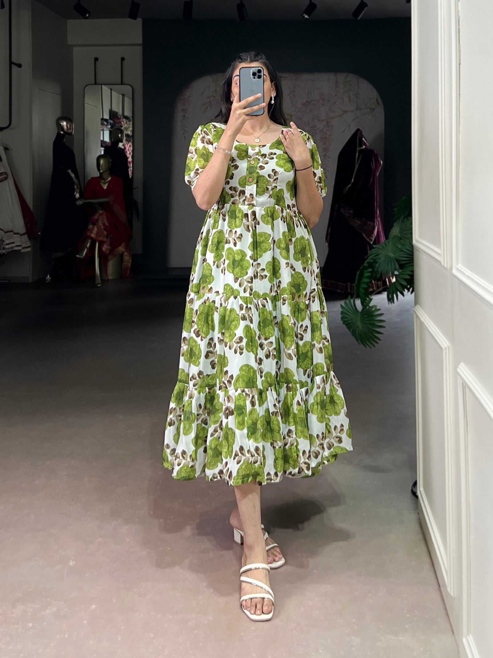 Mehendi ichitra Silk Floral Print Frock with 5-Meter Flair ClothsVilla