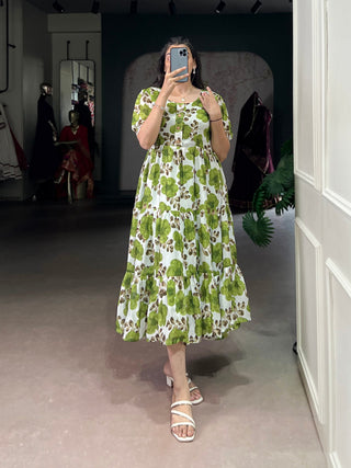 Mehendi ichitra Silk Floral Print Frock with 5-Meter Flair ClothsVilla