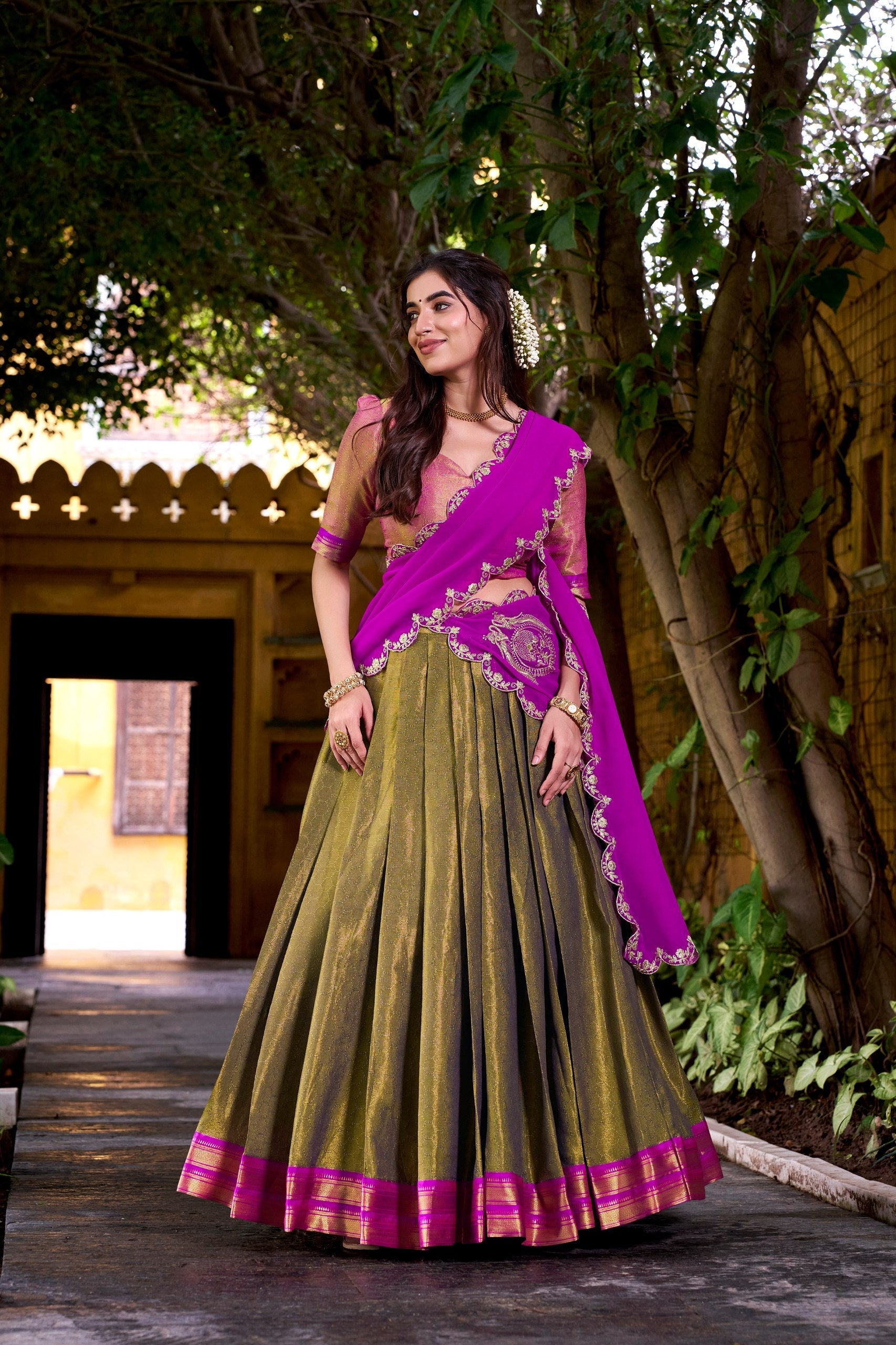 Mehendi Kanchipuram Zari Weaving Lehenga with Pink Embroidered Georgette Dupatta ClothsVilla Main image