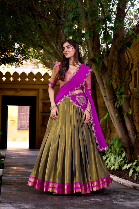 Mehendi Kanchipuram Zari Weaving Lehenga with Pink Embroidered Georgette Dupatta ClothsVilla Main image