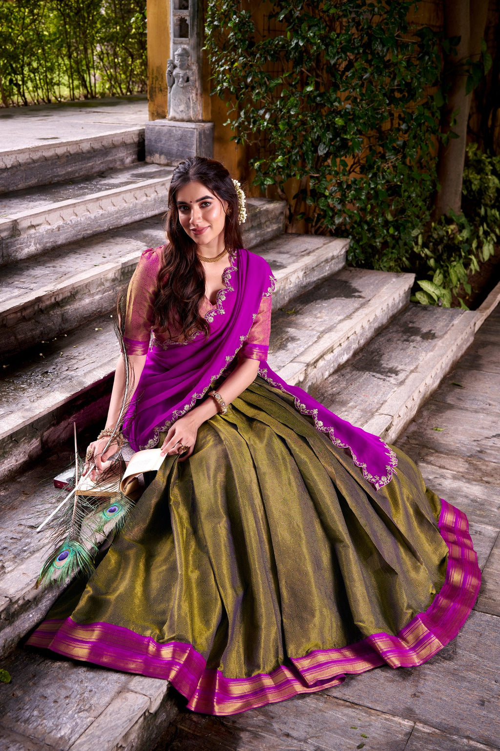 Mehendi Kanchipuram Zari Weaving Lehenga with Pink Embroidered Georgette Dupatta ClothsVilla