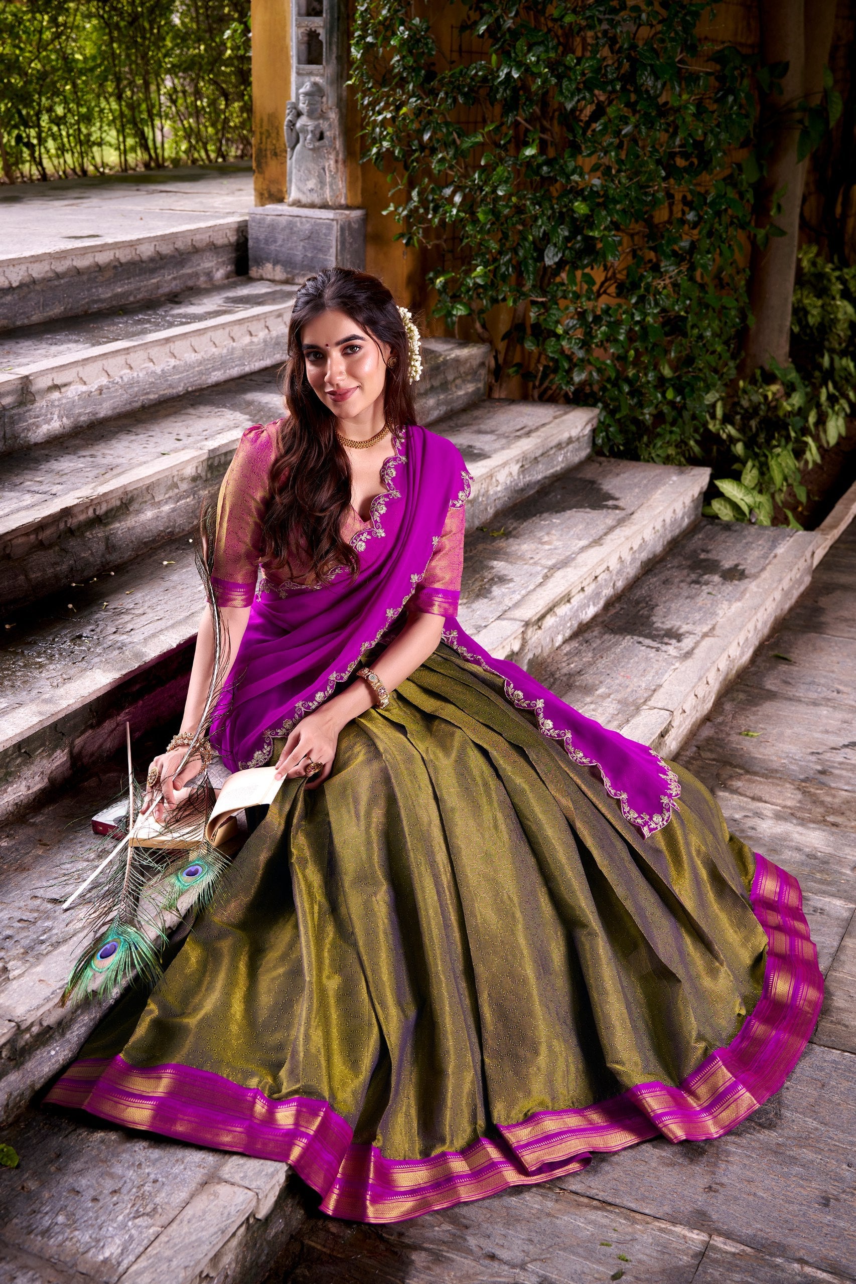Mehendi Kanchipuram Zari Weaving Lehenga with Pink Embroidered Georgette Dupatta ClothsVilla