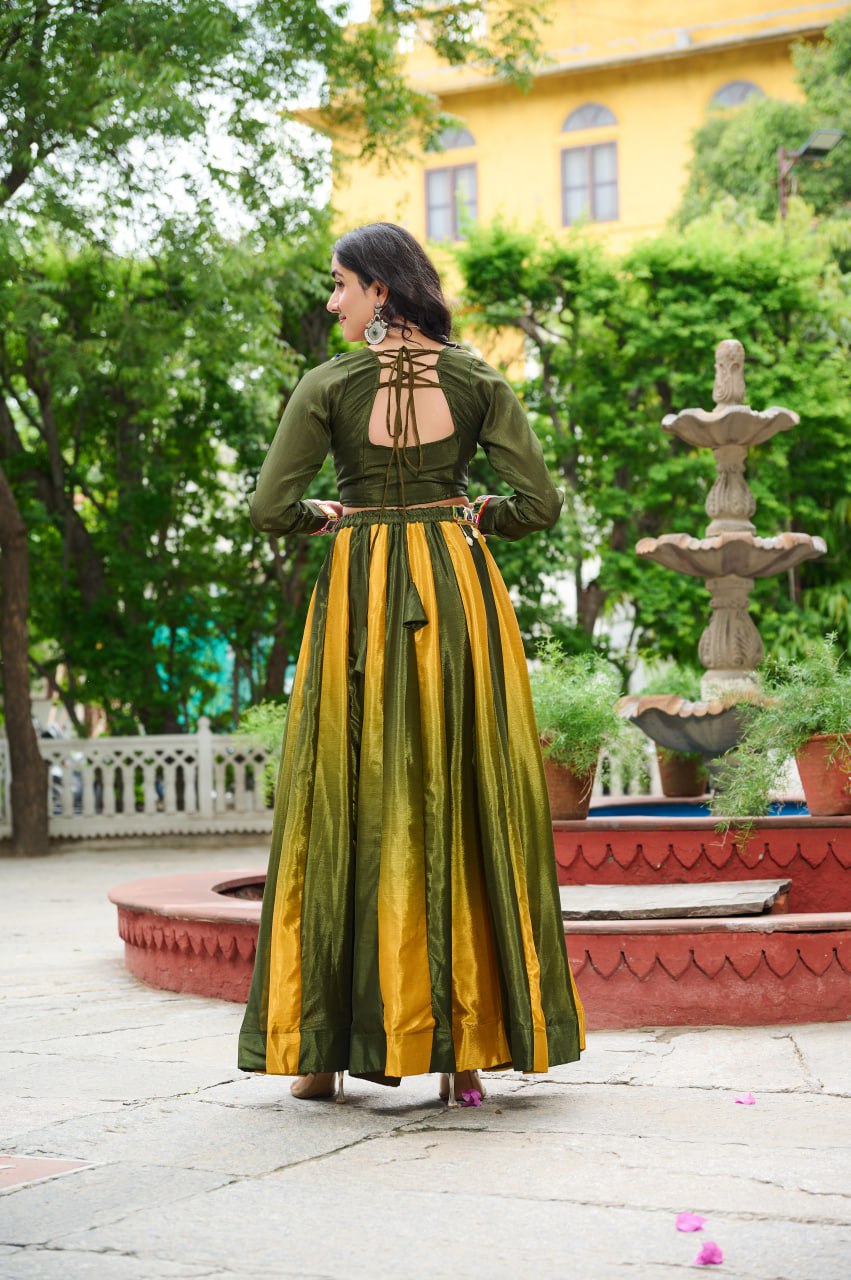 Mehendi Navratri Special Chinnon Pedding Lehenga Choli with Kutchi Gamthi Embroidery ClothsVilla