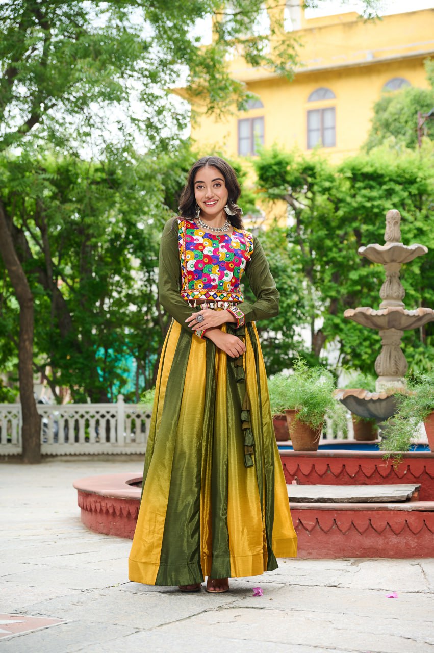 Mehendi Navratri Special Chinnon Pedding Lehenga Choli with Kutchi Gamthi Embroidery ClothsVilla