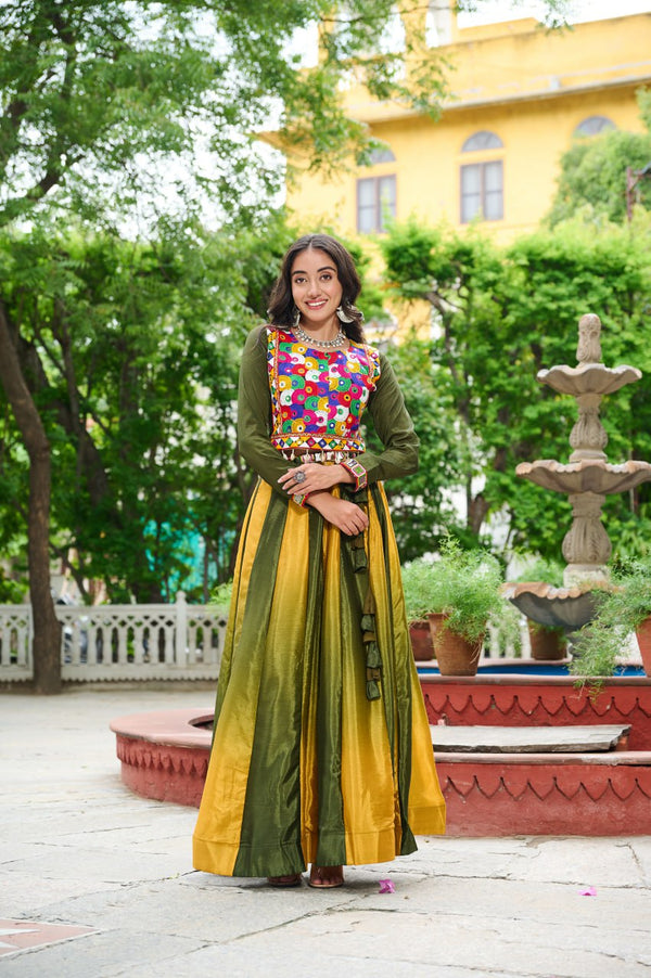 Mehendi Navratri Special Chinnon Pedding Lehenga Choli with Kutchi Gamthi Embroidery ClothsVilla
